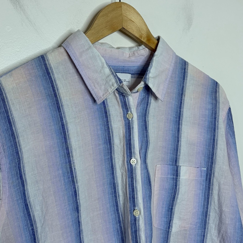 Gap Linen Cotton Shirt Blue Pink Striped Womens XL Nautical Preppy Fisherman - Picture 2 of 6